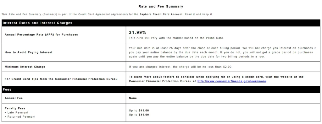 Rate And Fee Summary